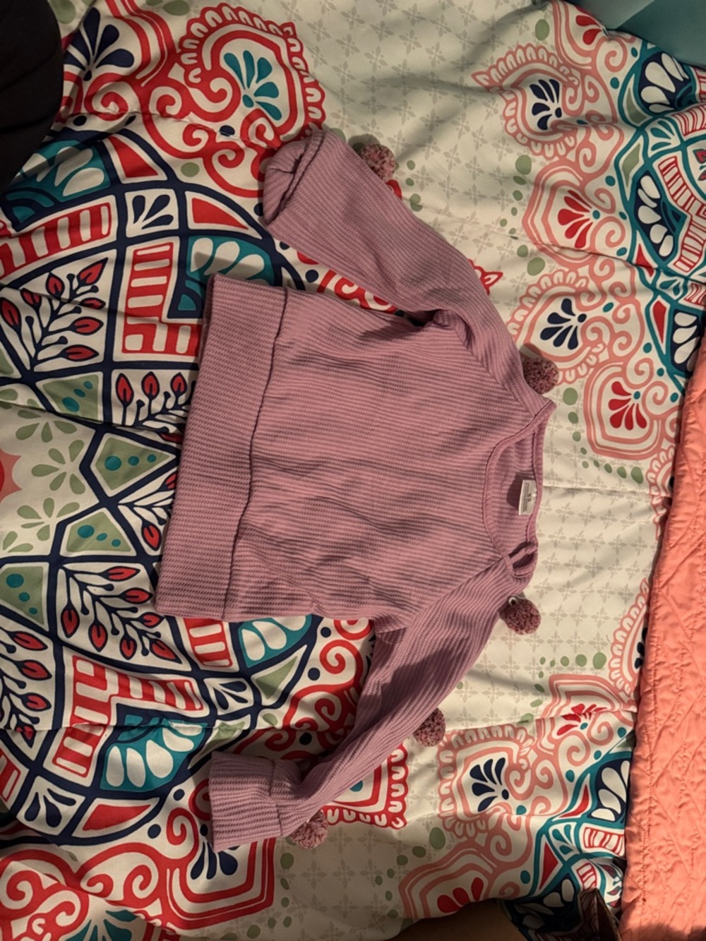 Girls' Lavender Pom-Pom Ribbed Long-Sleeve Top